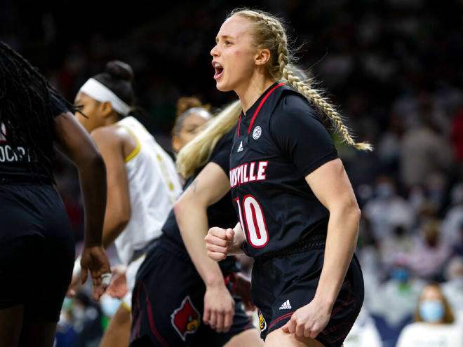 Louisville's Hailey Van Lith celebrates a basket in an 86-64 victory at Notre Dame