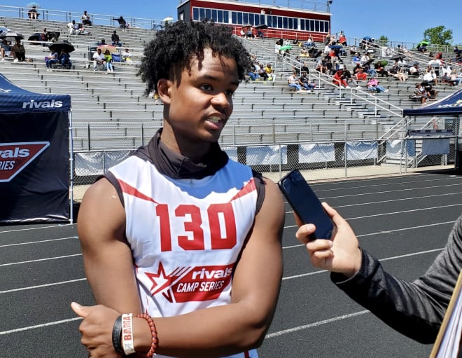 Four-star QB MJ Morris speaks with reporters before Sunday's Rivals camp in Atlanta.