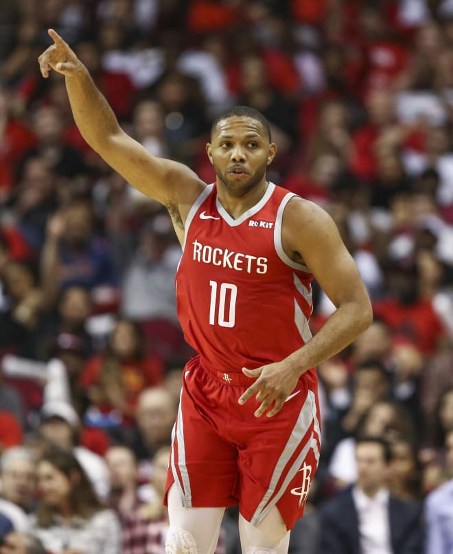 Houston Rockets guard Eric Gordon (10) reacts after making a basket during the third quarter against the Charlotte Hornets at Toyota Center. Gordon, a former IU standout, finished with 22 points to help the Rockets to a 118-106 win over the Hornets and remain in third place in the Western Conference standings. 
