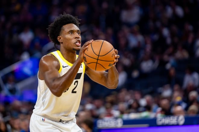 Utah Jazz guard Collin Sexton (2) shoots a technical free throw during the third quarter against the Golden State Warriors at Chase Center. | Photo: Bob Kupbens-USA TODAY Sports