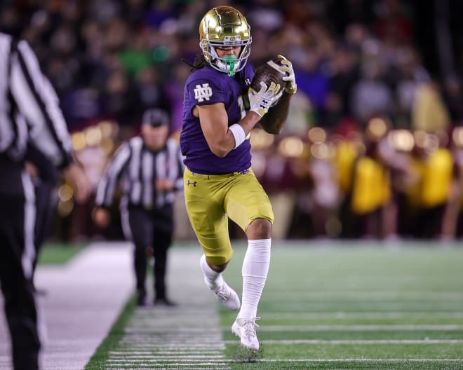 Freshman Rico Flores Jr. (17) makes it four Notre Dame wide receivers this week to announce their plans to transfer.
