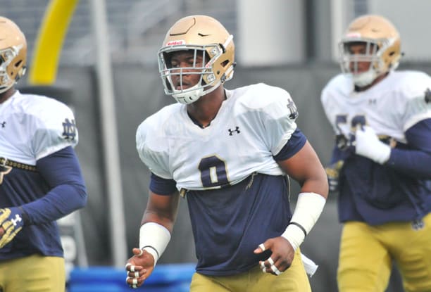 Drop end Daelin Hayes showed off his athletic talents during the team's final full practice before the Blue-Gold Game. 