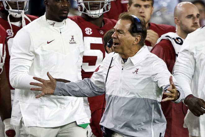 Alabama Crimson Tide head coach Nick Saban reacts after a penalty during the second half against the Texas A&M Aggies at Bryant-Denny Stadium. Photo | Butch Dill-USA TODAY Sports