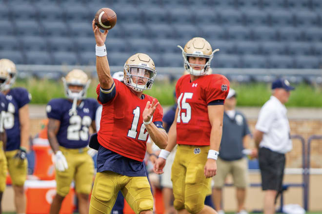 The emergence of sophomore Phil Jurkovec (15) to go with starter Ian Book (12) has given the Irish a strong QB depth chart.