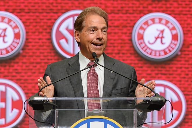 Alabama Crimson Tide head coach Nick Saban speaks at SEC Media Days. Photo | Getty Images