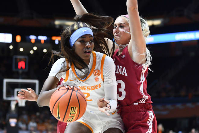 Tennessee's Rickea Jackson (2) is guarded by Indiana guard Syndey Parrish in the first half of a game on Nov. 14, 2022. 