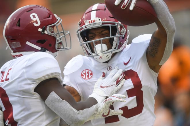 Alabama defensive back Malachi Moore (13) celebrates a touchdown in the second half during a game between Alabama and Tennessee at Neyland Stadium in Knoxville, Tenn. on Saturday. Photo | Imagn