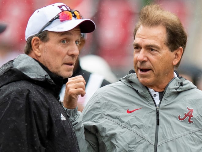 Texas A&M head coach Jimbo Fisher (left) and Alabama head coach Nick Saban were less than friendly when discussing improper NIL uses.