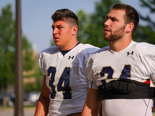 Sophomore linebacker Drayk Bowen, left, could join graduate senior Jack Kiser, right, in Notre Dame's starting lineup this season.