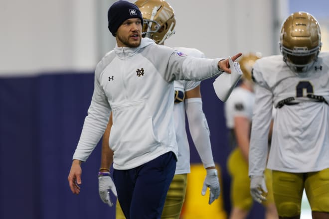 Safeties coach Chris O'Leary leads the surprise position group of Notre Dame's spring practices, with Xavier Watts and important part of that.
