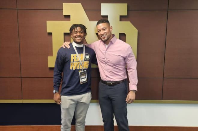 Nick Reddish, pictured above with Notre Dame head coach Marcus Freeman, visited the Irish for the first time in his recruitment on Saturday. Reddish received his offer last month on Pot of Gold Day.