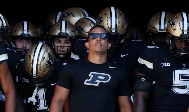 Purdue Boilermakers head coach Ryan Walters leads the Boilermakers onto the field during the NCAA football game against the Fresno State Bulldogs, Saturday, Sept. 2, 2023, at Ross-Ade Stadium in West Lafayette, Ind. Fresno State Bulldogs won 39-35.