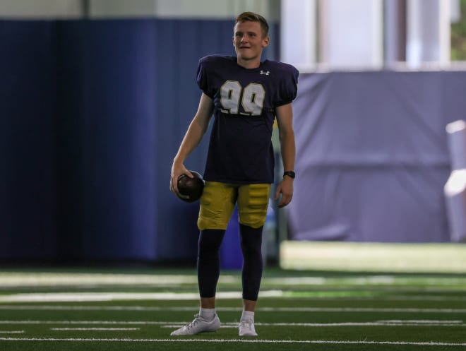 Notre Dame kicker Blake Grupe (99) is all smiles after the June arrival of holder/punter Jon Sot from Harvard.