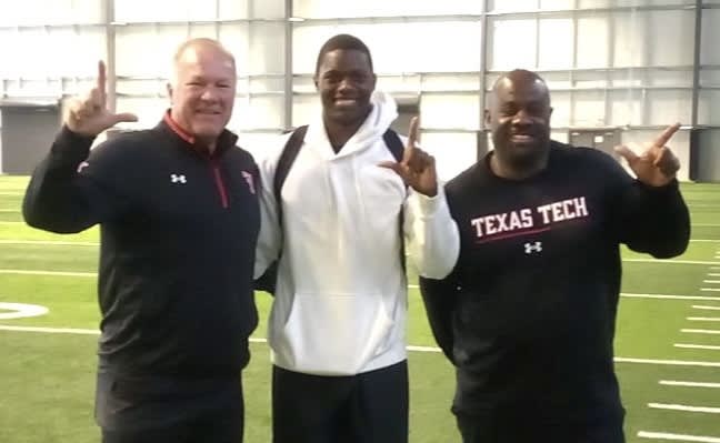 Coleman Patmon with Texas Tech Defensive Coordinator Tim DeRuyter and Secondary Coach Marcel Yates