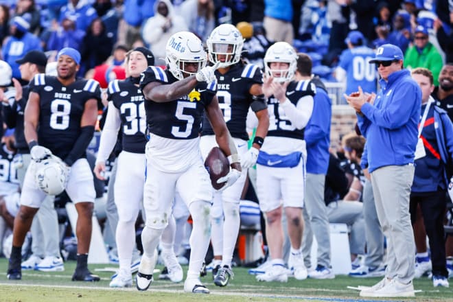 Duke's Jalon Calhoun celebrates after a play during Saturday's win over Pittsburgh. 