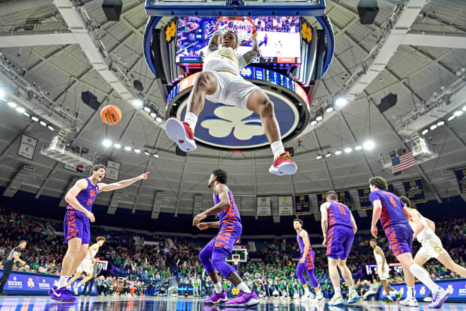 Notre Dame men's basketball have won five of its last six after beating Clemson 69-62 on Saturday. Tae Davis, pictured above, scored all of his 18 points in the second half, including a slam dunk that gave the Irish a lead with less than eight minutes left.