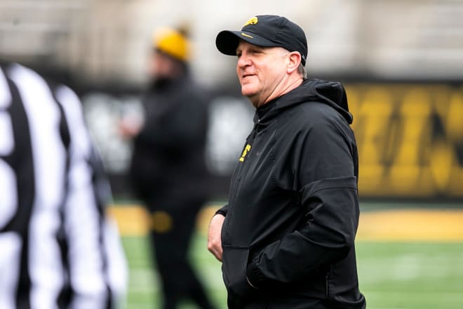 Iowa defensive coordinator Phil Parker reacts during the Hawkeyes' final spring NCAA football practice, Saturday, April 22, 2023, at Kinnick Stadium in Iowa City, Iowa.