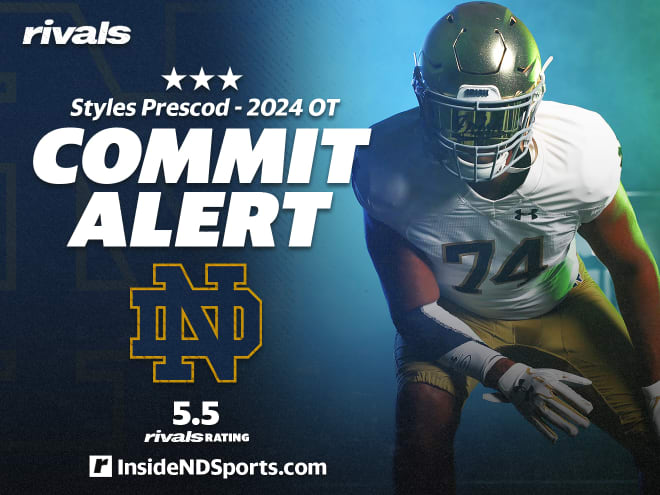 After taking his official visit to Notre Dame last weekend, 2024 offensive tackle Styles Prescod gave his verbal commitment to the Irish Tuesday. The 6-foot-6, 265-pound offensive tackle attends Fishers (Ind.) Hamilton Southeastern.