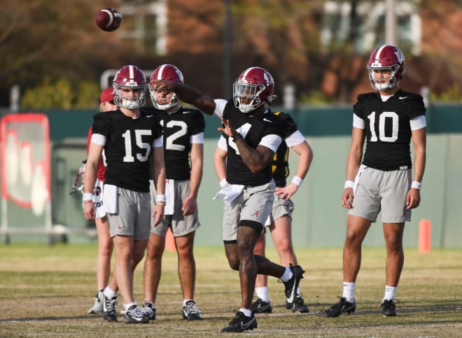 Quarterback Jalen Milroe throws during practice for the Alabama Crimson Tide football team Wednesday. Photo | Gary Cosby Jr.-Tuscaloosa News / USA TODAY NETWORK