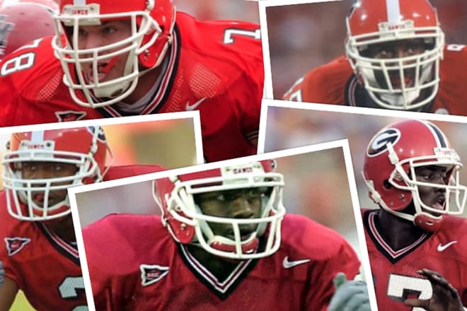 Headlined by (clockwise from top-left) Jon Stinchcomb, Boss Bailey, Quincy Carter, Terrence Edwards, and Tim Wansley, Georgia’s 1998 signing class is arguably the most successful over the last 40 years, considering 54.2 percent of the class became starters for the Bulldogs, 16.7 percent would be named First Team All-SEC, and 45.8 percent would reach the NFL. 