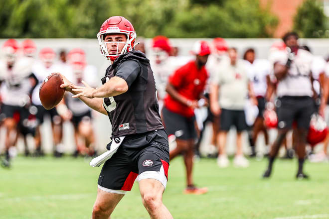 JT Daniels throws a pass during a recent practice. (Tony Walsh/UGA Sports Communications)