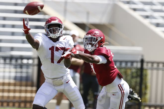 Alabama freshman receiver Agiye Hall makes a catch during one of the Crimson Tide's scrimmages this spring. Photo | Alabama Athletics 