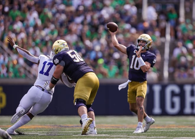 QB1 Sam Hartman (10) guided Notre Dame to five TDs on the five possessions Saturday in which he played.
