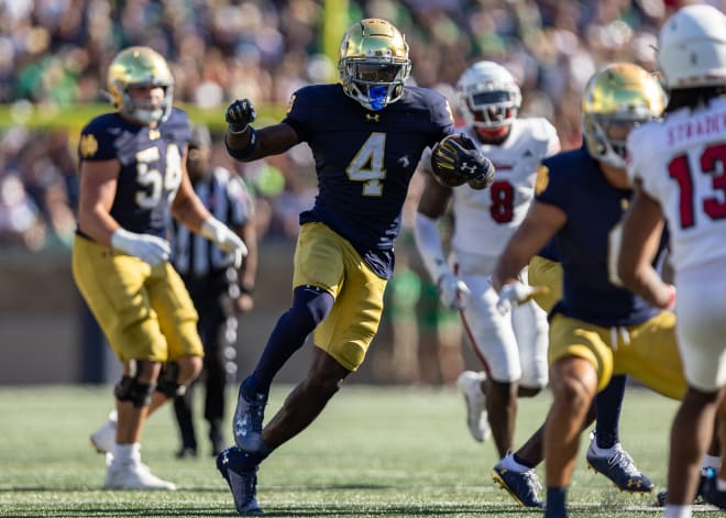 Will sophomore Jeremiyah Love's (4) touches increase in Saturday's showdown between No. 16 Notre Dame and 15th-ranked Louisville?