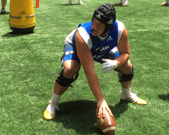Four-star OL Drake Metcalf works through drills at the Rivals100 Five-Star Challenge on Tuesday at Mercedes-Benz Stadium.