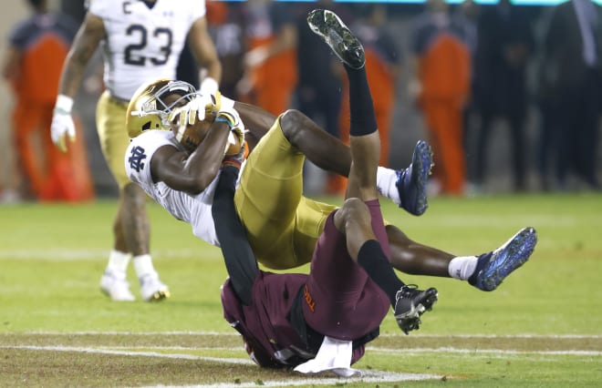 Virginia Tech Hokies defensive back Jermaine Waller makes a tackle against the Notre Dame Fighting Irish
