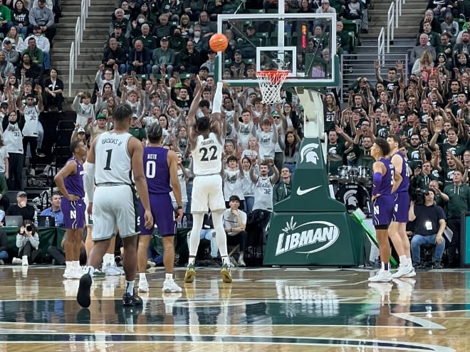 Michigan State's Mady Sissoko shoots a free throw during the first half of the Spartans home matchup against Northwestern in East Lansing on Dec. 4, 2022. CREDIT: Marvin Hall/Spartans Illustrated