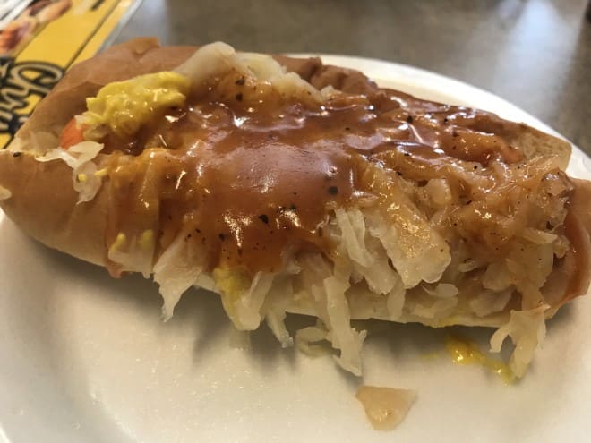 Up close with a "Everything" Hot Dog at Chris' Hot Dogs