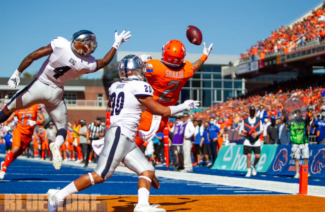 Boise state wide receiver, Khalil Shakir (2) brings down a one-handed touchdown grab in the corner of the endzone for the broncos.