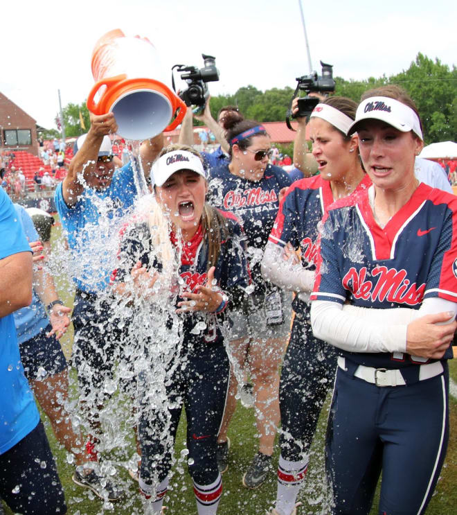 Ole Miss pitcher Kaitlin Lee (3) is doused by teammates after Sunday's win over North Carolina. 