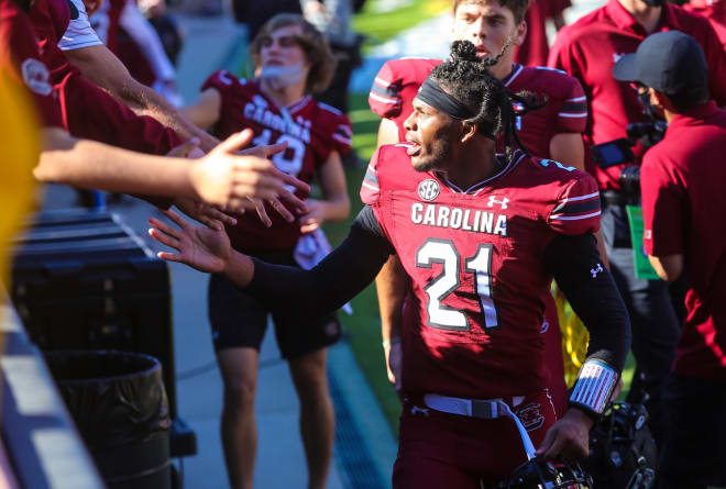 Shilo Sanders celebrates following the South Carolina Gamecocks' win over Auburn.