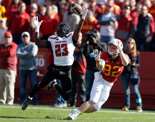 Texas Tech defensive back Damarcus Fields (23) breaks up a pass intended for Iowa State wide receiver Landen Akers during the first half of an NCAA college football game, Saturday, Oct. 27, 2018, in Ames, Iowa.