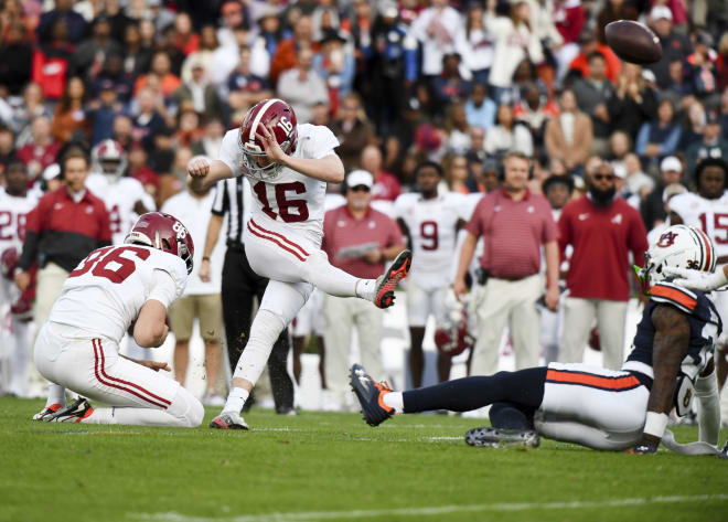 Alabama Crimson Tide place kicker Will Reichard (16) connects on a field goal during the first half against Auburn at Jordan-Hare Stadium. Photo | Gary Cosby Jr.-USA TODAY Sports