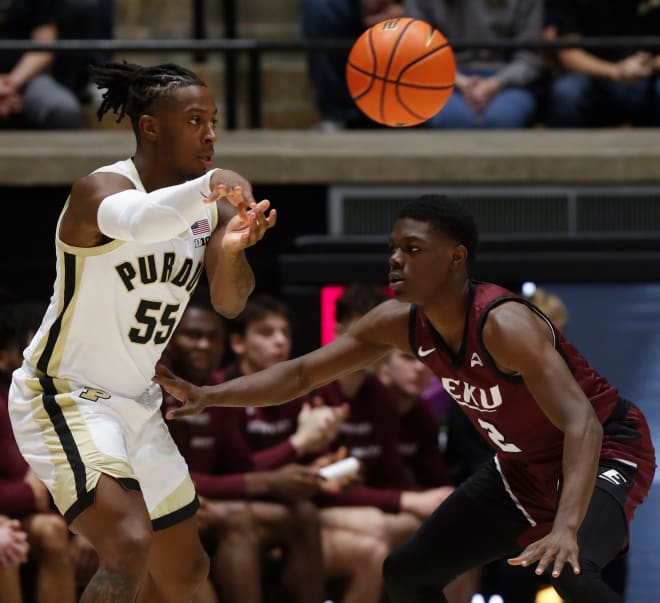 Purdue Boilermakers guard Lance Jones (55) passes the ball past Eastern Kentucky Colonels guard Leland Walker (2) during the NCAA men s basketball game, Friday, Dec. 29, 2023, at Mackey Arena in West Lafayette, Ind.