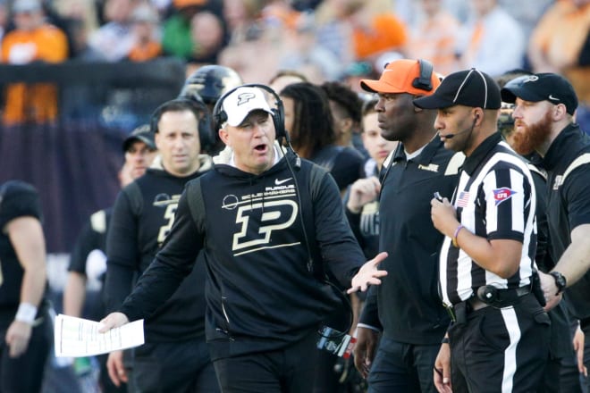 Purdue head coach Jeff Brohm reacts during the second quarter of the Music City Bowl, Thursday, Dec. 30, 2021, at Nissan Stadium in Nashville. 