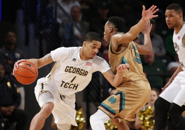Yellow Jackets guard Tadric Jackson (left) drives against Irish forward Bonzie Colson during the first half of last year's game at McCamish Pavilion in Atlanta. Saturday is the 15th all-time meeting between the programs, with Georgia Tech holding an 8-6 advantage.