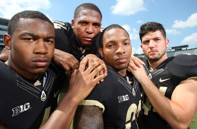 Ricardo Allen (second-from-right) with Taylor Richards, Frankie Williams and Landon Feichter (left to right), Purdue's starting secondary during the 2013 season. 