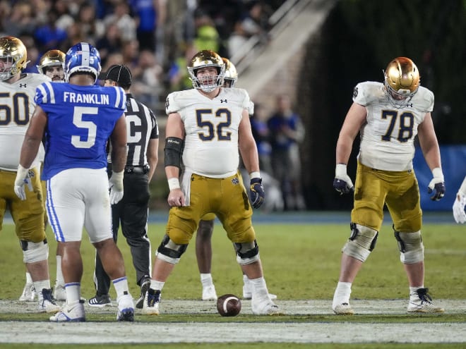 Notre Dame center Zeke Correll (52) and left guard Pat Coogan (78) had their hands full against Duke.