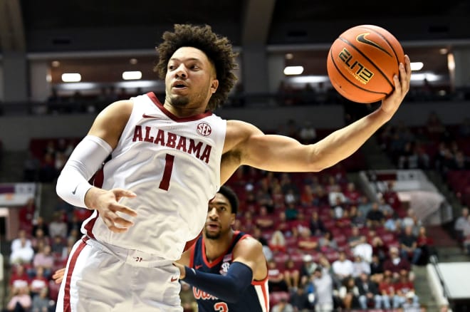 Alabama guard Mark Sears (1) grabs a long rebound as he plays against Ole Miss at Coleman Coliseum. Photo | Gary Cosby Jr.-Tuscaloosa News / USA TODAY NETWORK