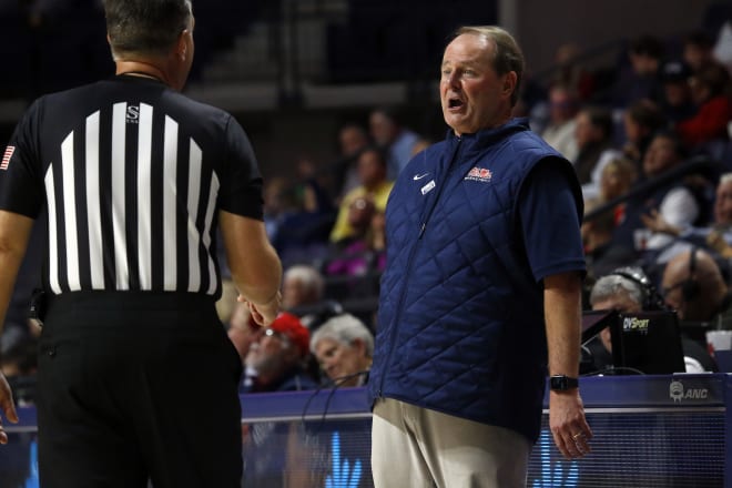 Ole Miss Rebels head coach Kermit Davis reacts to a foul call during the first half against the Missouri Tigers at The Sandy and John Black Pavilion at Ole Miss. 