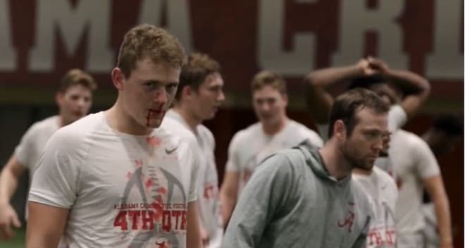 Alabama Crimson Tide quarterback Mac Jones looks up after bloodying his face during this year's 4th Quarter program. Photo | Courtesy of Mac Hereford