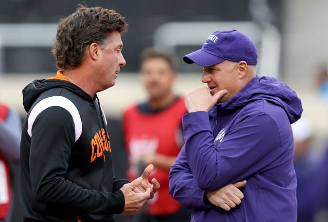 Oklahoma State head coach Mike Gundy with K-State head coach Chris Klieman