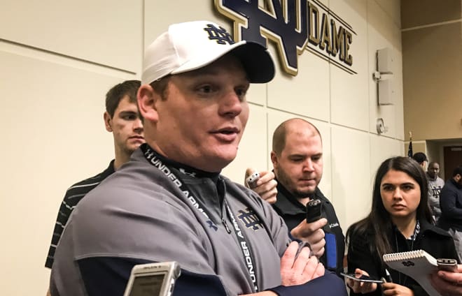 Notre Dame OC Chip Long met with the media Friday after the team's fourth spring practice.