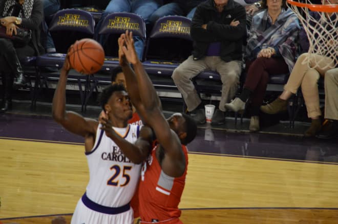 ECU center Jabari Craig tossed in 14 points in the Pirates' 61-47 loss to undefeated Rutgers Friday afternoon.