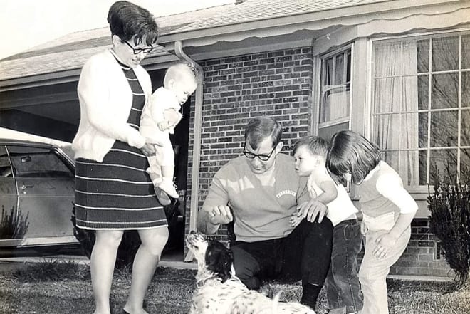 In 1970, Tennessee's defensive backs coach, Buddy Bennett, Stetson Bennett's grandfather, is surrounded by his family at their home. (Photo courtesy of 1970 Tennessee football media guide.)