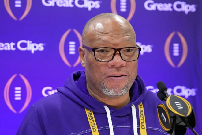 Jan 6, 2024; Houston, TX, USA; Washington Huskies co-defensive coordinator William Inge talks to the media during media day before the College Football Playoff national championship game against the Michigan Wolverines at George R Brown Convention Center. 